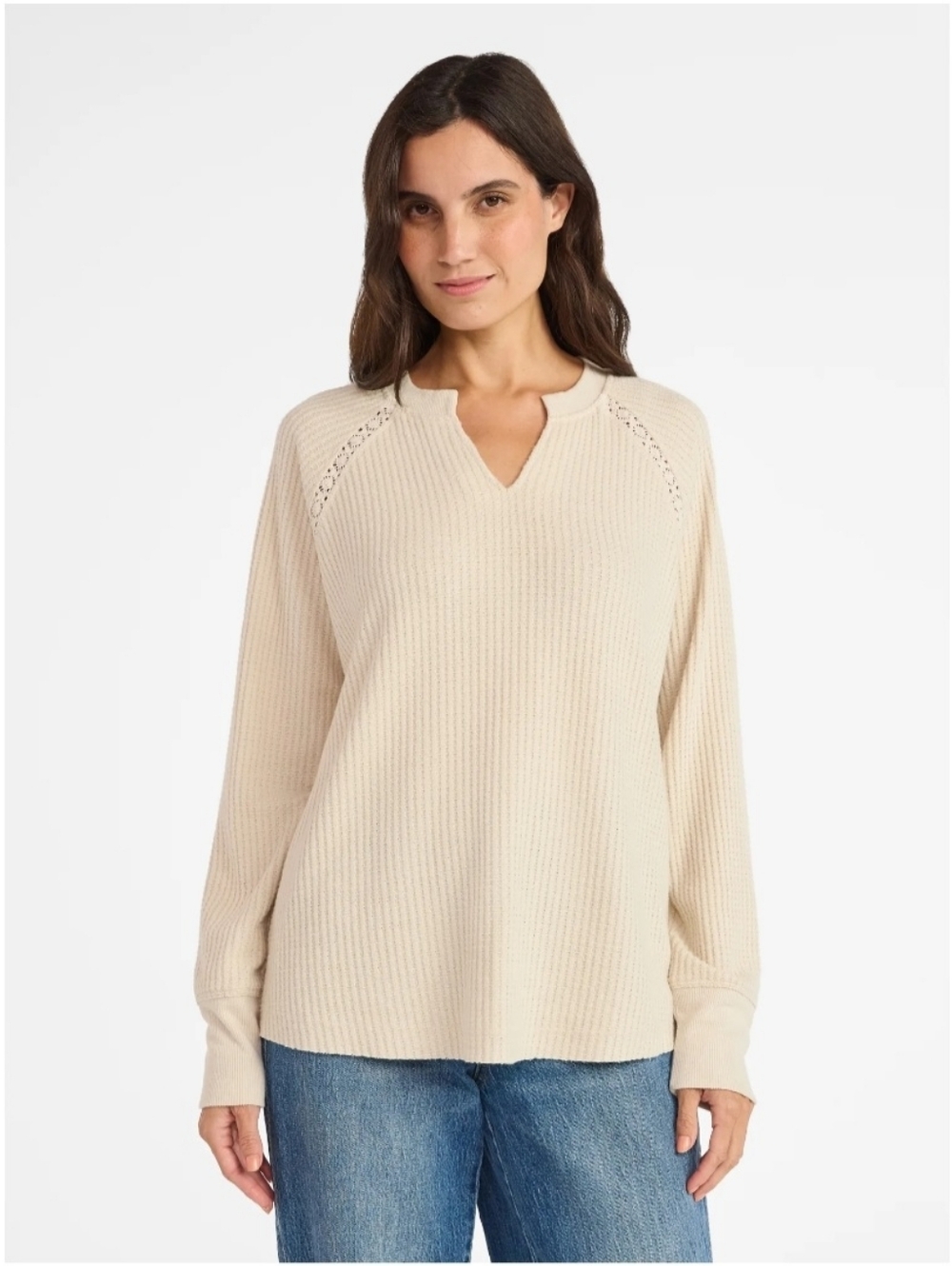 Time and Tru Notch Neck Waffle Knit Long Sleeve Relaxed Fit Top Beige Women's XL